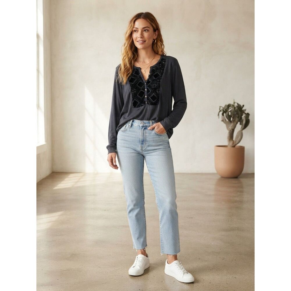 Lucky Brand Embroidered VelvetPanel Henley Top Size M Boho Chic & Fall Layering